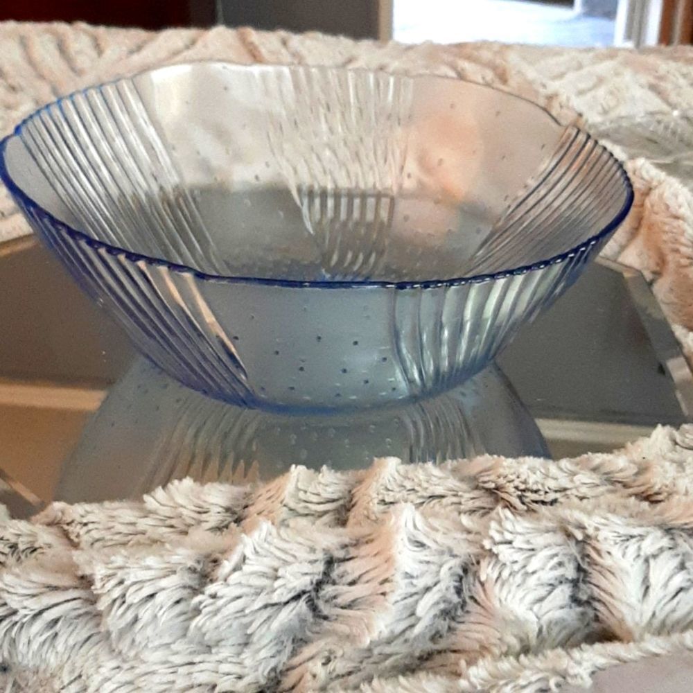 Forte Crisa  Mexico Azore Blue Art Deco Glass Large Serving Bowl‎ Vintage